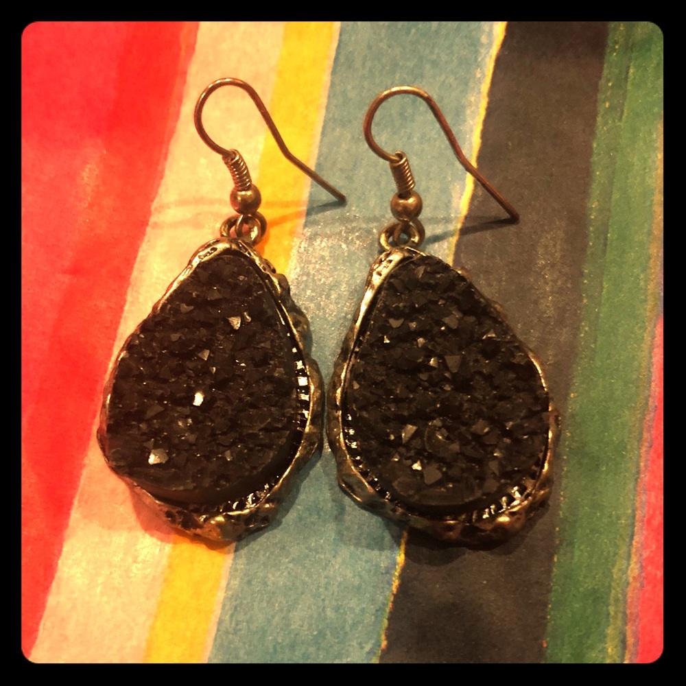 3 for $15 - Black Druzy Rough Edge Dangle Earrings